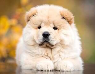 Adorable fluffy puppy with light fur rests outdoors