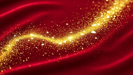 Abstract flowing golden glitter dust trail across a luxurious deep red wavy fabric background