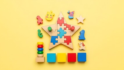 Obraz premium Colorful Wooden Toys and Puzzles Arranged in Star Shape on Yellow Background.