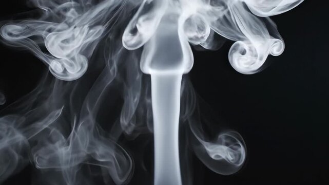 Ultra slow motion capture of white smoke plumes slowly rising and swirling against a dark black background creating an ethereal effect transition, highspeed, meditation