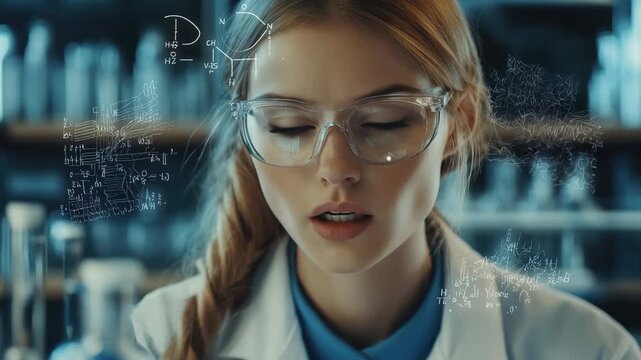Focused scientist analyzes complex mathematical equations in laboratory setting, mathematical equations over caucasian female scientist doing experiment in lab - Powered by Adobe