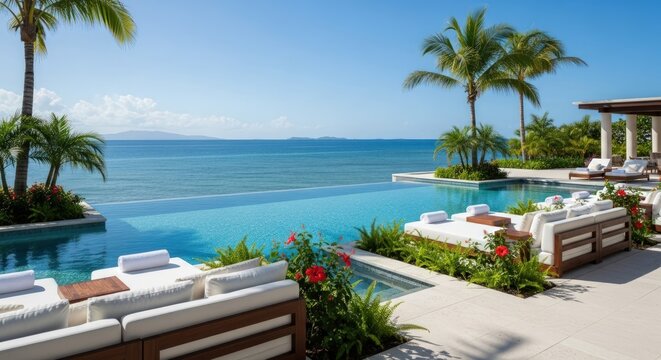 Infinity pool overlooking the ocean with daybeds and tropical plants