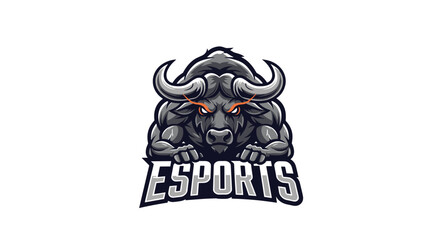 Dynamic eSports logo design featuring an aggressive buffalo mascot with strong horns and glowing orange eyes, representing power and competition.