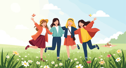 Four joyful young women friends embrace and run through a sunny spring meadow filled with colorful flowers, celebrating their bond.
