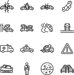 A black and white line-art collection of sixteen icons depicting various types of vehicle accidents, emergency services, vehicle damage, and related insurance concepts.