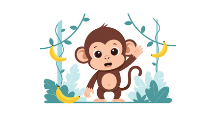 Happy little cartoon monkey standing and waving its hand in a vibrant jungle scene with green leaves and yellow bananas.