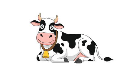 A friendly, smiling cartoon dairy cow with black spots and a cowbell, resting peacefully on a white background, perfect for agricultural and farm-themed designs.