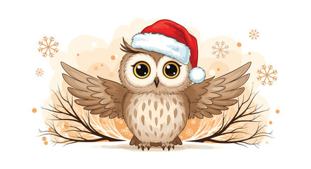 A cute cartoon owl wearing a red Santa hat stands with wings spread against a warm winter background with snowflakes and bare branches.