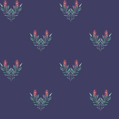 A seamless watercolor pattern featuring crimson, orange, and emerald autumn herb branches arranged on a deep blue background, creating a vibrant, fluid, and elegant botanical design.
