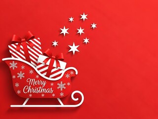 Red christmas sleigh with festive gifts and falling stars, wishing merry christmas. holiday season celebration concept.