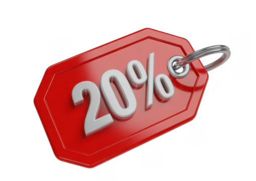 Red tag with silver 20 percent symbol and metal ring isolated on a transparent background