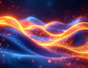Fototapeta premium Abstract wavy lines emitting bright orange and blue light, starry background