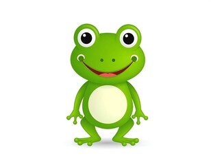 Adorable green cartoon frog smiling on a clean white backdrop