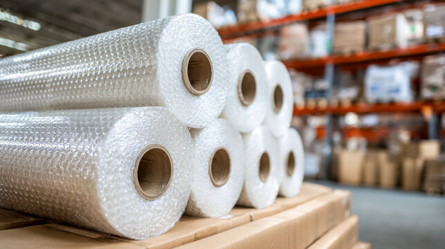 Bubble wrap rolls packed in a warehouse storage facility