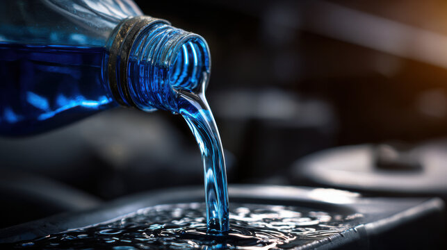 Pouring blue car windshield washer fluid