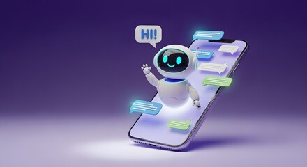 3D robot chatbot waving from a smartphone screen, surrounded by chat bubbles for digital assistance