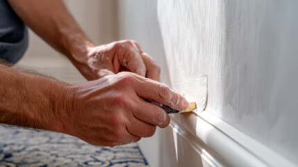 Man painting white wall and baseboard in room