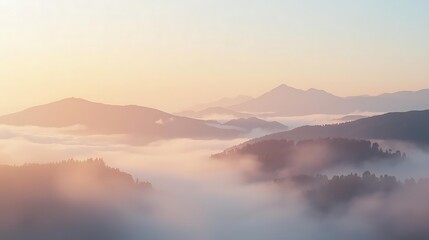 Fototapeta premium Watercolor painting background, mountains in the morning mist, soft pastel sunrise colors, gentle brush strokes, paper texture, dreamy and ethereal, light and airy 