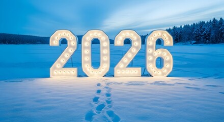 Illuminated 2026 sign in a winter landscape with snow and footprints for new year