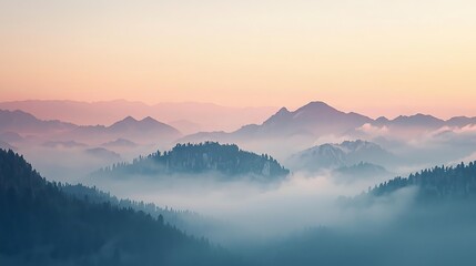 Watercolor painting background, mountains in the morning mist, soft pastel sunrise colors, gentle brush strokes, paper texture, dreamy and ethereal, light and airy