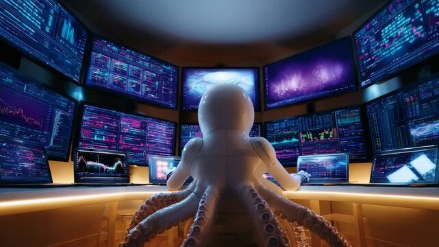 A futuristic octopus robot manages vast digital information, surrounded by glowing screens displaying complex data analytics and visualizations in a high-tech control room environment. - Powered by Adobe