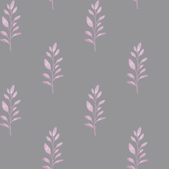 A seamless watercolor pattern of delicate pink branches on a soft gray background, creating a gentle, elegant, and airy botanical mood with subtle pastel tones and whimsical charm