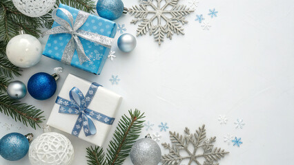 Wrapped gifts in blue and silver colors are surrounded by snowflakes and ornaments, Evergreen branches Merry christmas card. Winter holiday theme. Happy New Year. Space for text