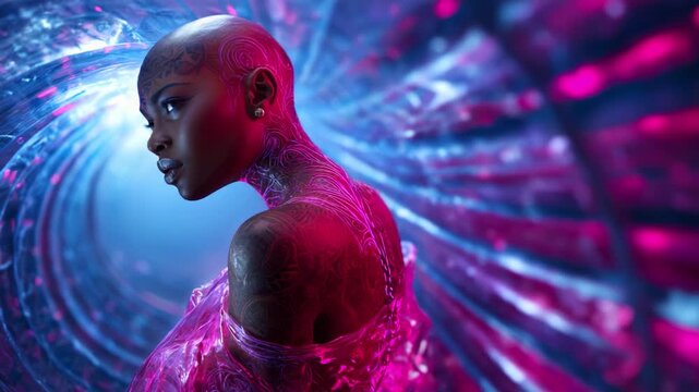 A captivating bald model with intricate body art is framed beautifully against a vibrant, swirling backdrop of colorful lights and patterns, creating a stunning visual masterpiece.