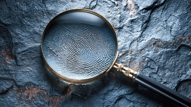 Magnifying glass examining fingerprint for evidence investigation
