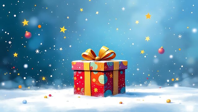 Vibrant Christmas gift box with gold ribbon sparkles in winter snow scene, perfect for holiday greetings or festive marketing campaigns, seasonal cheer