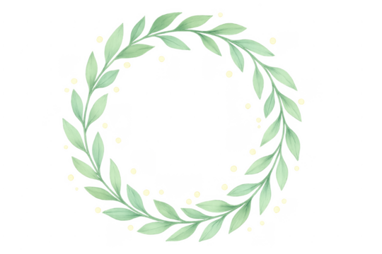 Green watercolor leaves wreath frame on transparent background