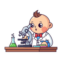A cute baby scientist intently observing through a microscope in a research setting with