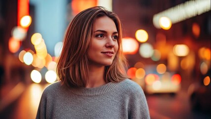 Young woman with shoulderlength blonde hair wearing a grey sweater looks thoughtfully into the distance against a city bokeh background