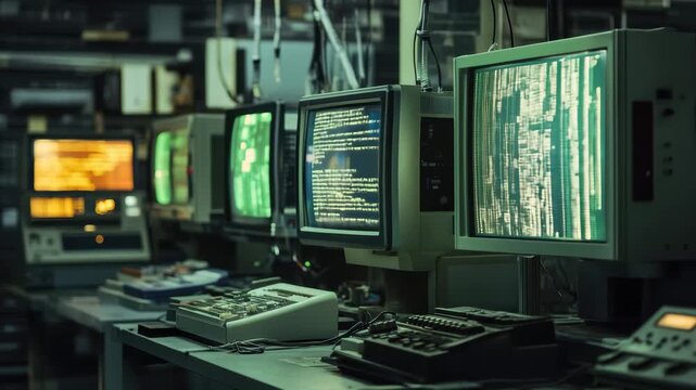 Data processing and scope scanning in a retro technology lab with multiple monitors displaying code, data processing over scope scanning