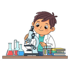 Young scientist engaging in a laboratory experiment with a microscope and scientific glassware