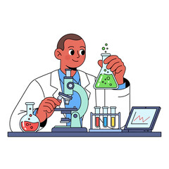 Illustration of a young researcher in a lab coat focused on scientific analysis experiments and