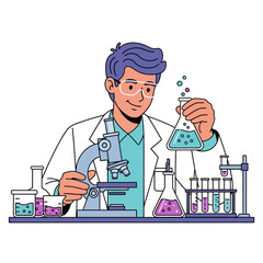 Scientist with microscope and flask conducting experiment in a research laboratory