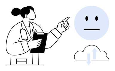 Female doctor holding clipboard and pointing at neutral face icon above cloud with arrows. Ideal for health analysis, emotional evaluation, technology integration, telemedicine, data sharing, medical