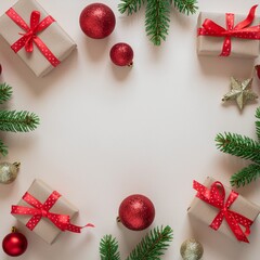 Christmas Flat Lay with Gift Boxes, Red Ornaments and Fir Branches on White Background &ndash; Festive Holiday Frame
