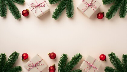 Christmas Flat Lay with Gift Boxes, Red Ornaments and Fir Branches on White Background &ndash; Festive Holiday Frame