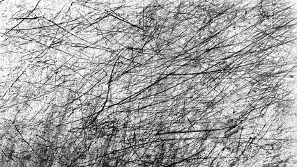 一面に無数の乱雑でランダムに走る太い線や細い線と点・ノイズなどの模様がある画像素材　グランジ・スクラッチ・ノイズ　オーバーレイ・背景・テクスチャー　8K UHDサイズ　透過PNG／JPEG白背景　黒／ブラック