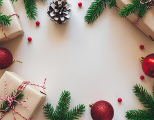 Christmas Flat Lay with Gift Boxes, Red Ornaments and Fir Branches on White Background &ndash; Festive Holiday Frame