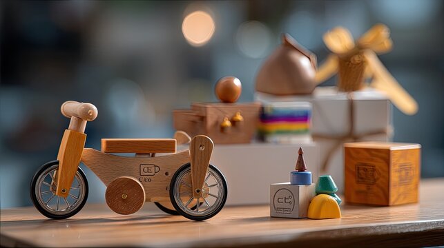 Wooden bicycle toy with colorful blocks and decorative gifts on wooden table in soft blurred background