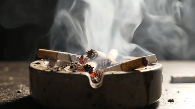 A glowing ashtray filled with smoldering cigarettes, their lingering smoke curling upwards, embodying a persistent and detrimental habit
