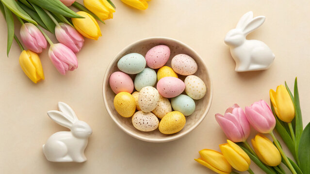easter celebration concept top view of A bowl filled with pastel-colored Easter eggs sits at the center, surrounded by pink and yellow tulips and white ceramic rabbits