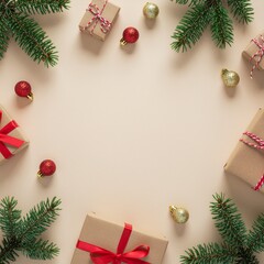 Christmas Flat Lay with Gift Boxes, Red Ornaments and Fir Branches on White Background &ndash; Festive Holiday Frame