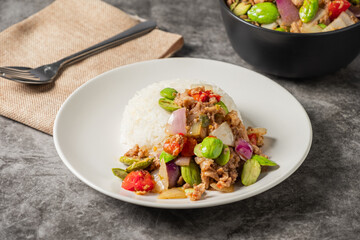 Thai Sataw (Stink Bean) Stir-fried with Minced Pork and Chili on Rice