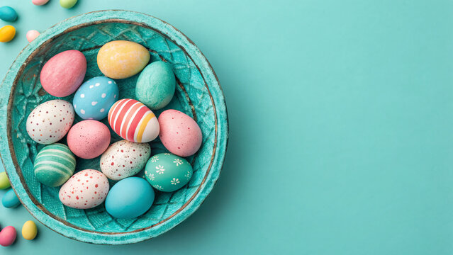 A decorative bowl filled with various pastel-colored Easter eggs sits on a bright turquoise surface.
