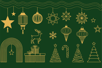  Mid-century style Christmas and New Year line art set featuring elegant festive elements in gold and forest-green tones — perfect for classy holiday greeting card designs. eps