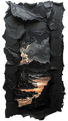 Torn paper unveils mountain landscape at dusk